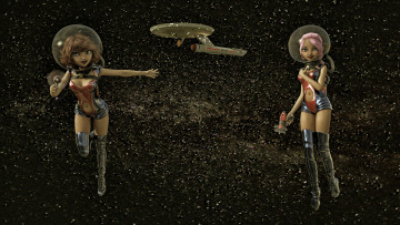 Картинка 3д+графика фантазия+ fantasy космический корабль девушки звезды вселенная полет фон взгляд