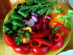 Картинка еда овощи лук зелень огурцы редис перец