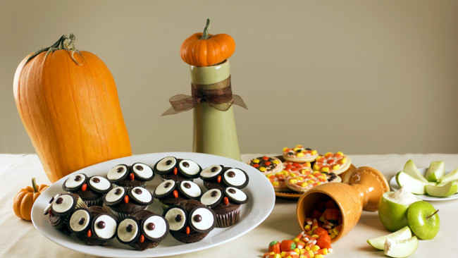 Обои картинки фото еда, пирожные,  кексы,  печенье, конфеты, яблоки, кексы, тыква