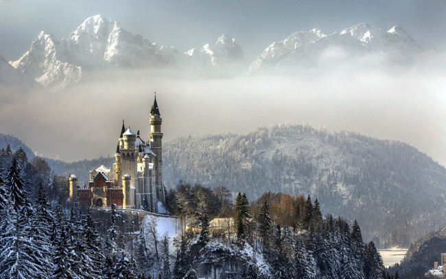 Обои картинки фото города, замок нойшванштайн , германия, зима, снег, замок, горы