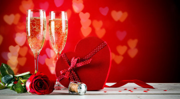 Картинка праздничные день+святого+валентина +сердечки +любовь шампанское бокалы роза сердце