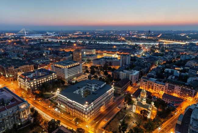 Обои картинки фото города, белград , сербия, панорама, столицы, белград, освещение, ночное, закат, вечер, улица