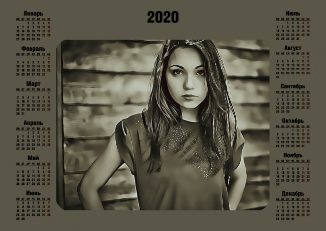 Обои картинки фото календари, компьютерный дизайн, девушка, взгляд, calendar, 2020