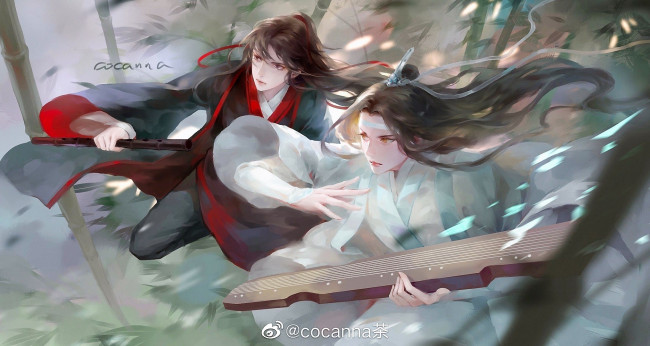 Обои картинки фото аниме, mo dao zu shi, вэй, усянь, лань, ванцзы, флейта, гуцинь, бамбук