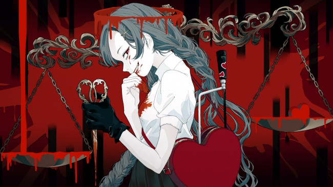 Обои картинки фото аниме, unknown,  другое , девушка, кровь, весы, ножницы