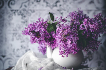 Картинка цветы сирень ваза стол букет цветение