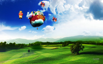обоя разное, компьютерный дизайн, воздушные, шары, поля, небо, облака