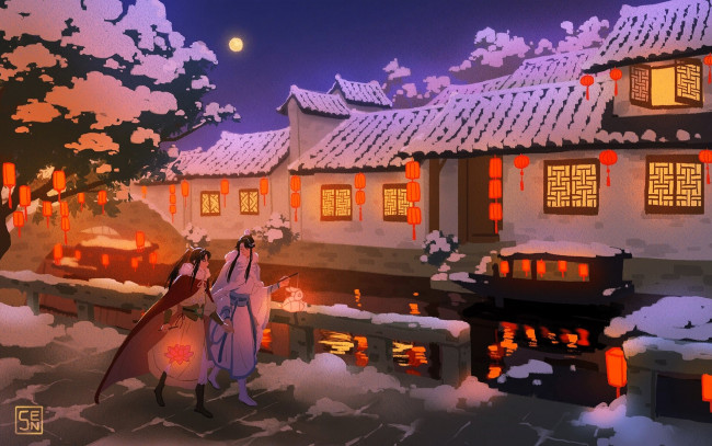 Обои картинки фото аниме, mo dao zu shi, вэй, усянь, лань, ванцзи, улица, снег
