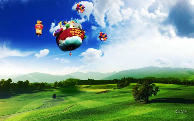 Обои картинки фото разное, компьютерный дизайн, воздушные, шары, поля, небо, облака