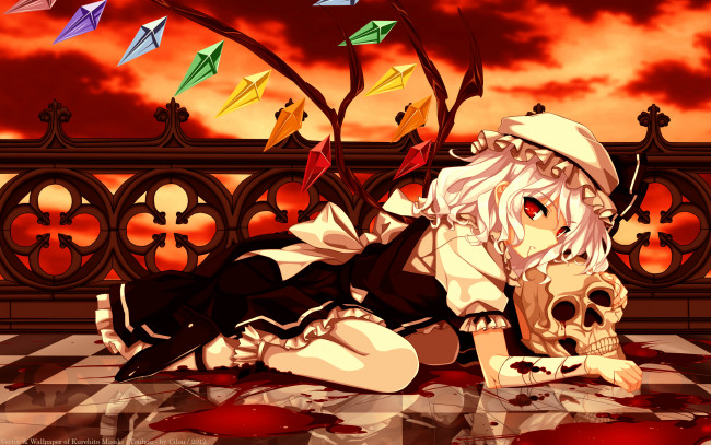 Обои картинки фото аниме, touhou, крылья, череп, демон, кровь, фландрэ