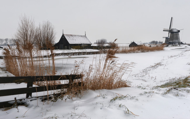 Обои картинки фото природа, зима, мельница, дом
