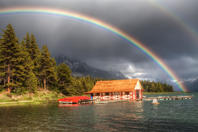 Обои картинки фото природа, радуга, река, озеро, домик