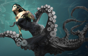 Картинка фэнтези фотоарт осьминог девушка море