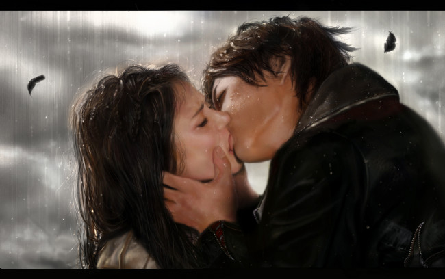 Обои картинки фото the vampire diaries, рисованные, кино, дождь, влюбленные, поцелуй, парень, девушка