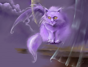 Картинка рисованное животные +сказочные +мифические фея крылья кот тюль сиреневый