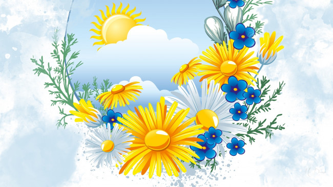 Обои картинки фото векторная графика, цветы , flowers, облака, цветы, солнце