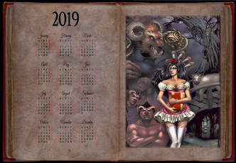 обоя календари, фэнтези, девушка, существо, рога