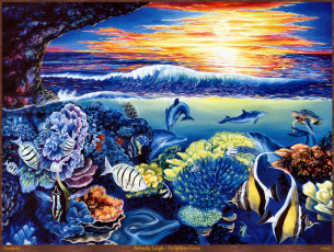 обоя belinda, leigh, dolphins, cove, рисованные, кораллы, море, рыбы, дельфины, закат, черепахи, арт