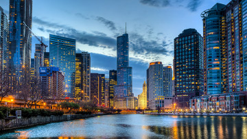 Картинка города Чикаго сша река огни небоскрёбы