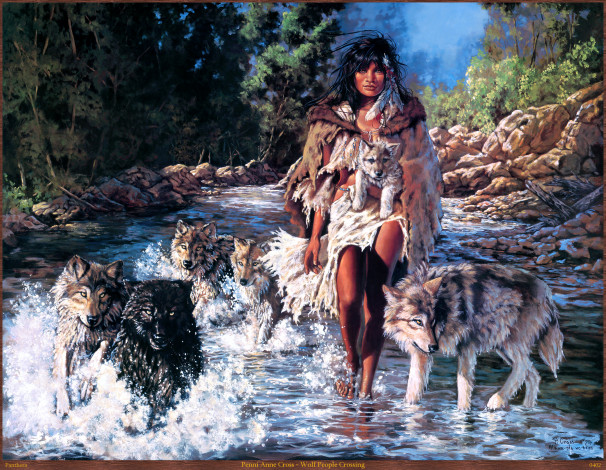 Обои картинки фото penni, anne, cross, wolf, people, crossing, рисованные, река, арт, волки, девушка