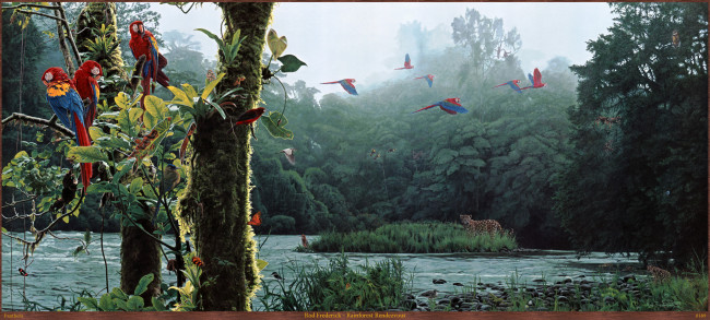 Обои картинки фото rod, frederick, rainforest, rendezvous, рисованные, лес, река, попугаи, леопард, арт