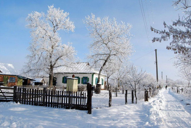Обои картинки фото природа, зима, деревья, ворота, дорога, снег, дом