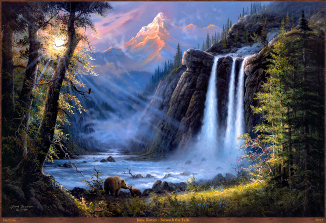 Обои картинки фото jesse, barnes, beneath, the, falls, рисованные, пейзаж, арт, река, горы, лес, медведи, водопад