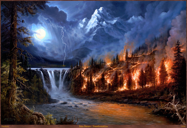 Обои картинки фото jesse, barnes, transformation, рисованные, водопад, пейзаж, река, стихия, молния, пожар, в, лесу, огонь, лес, арт