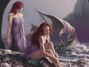 Картинка фэнтези девушки море шторм лодка парус череп