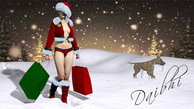 Обои картинки фото 3д графика, holidays,  праздники, подарки, собака, снег