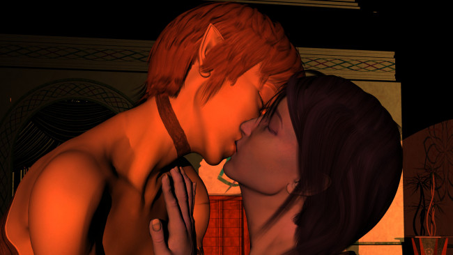 Обои картинки фото 3д графика, romance, поцелуй, девушка, эльф
