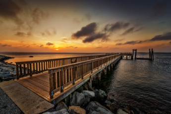 Картинка природа восходы закаты океан берег горизонт мостик заря