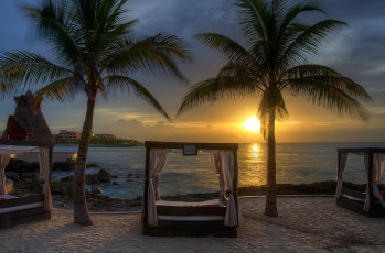 Картинка природа тропики сумерки солнце пальмы пляж океан