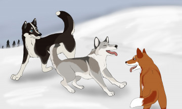 обоя рисованное, животные,  собаки, снег, собаки