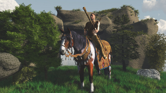 Обои картинки фото 3д графика, фантазия , fantasy, копье, воин, всадник, лошадь