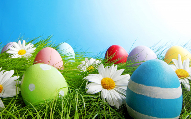 Обои картинки фото праздничные, пасха, яйца, цветы, трава, свет, небо, весна