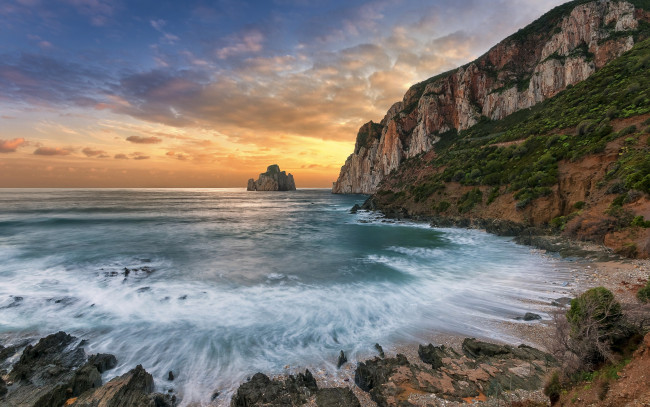 Обои картинки фото природа, побережье, море, скалы, закат, пейзаж