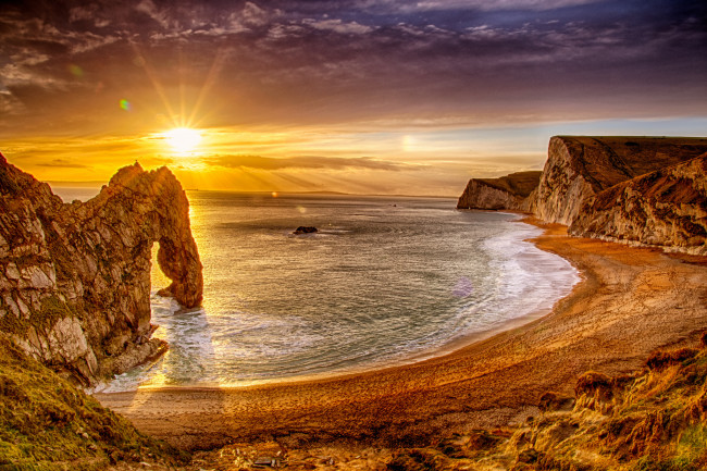 Обои картинки фото природа, восходы, закаты, океан, бухта, пляж, солнце