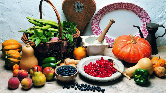 Обои картинки фото еда, фрукты и овощи вместе, фасоль, тыква, перец, черника, яблоки, персики