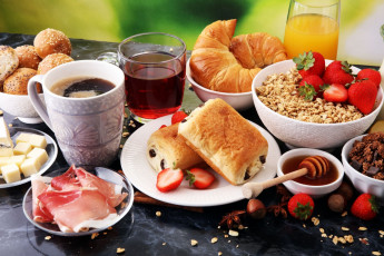 Картинка еда разное ветчина булочки мюсли завтрак