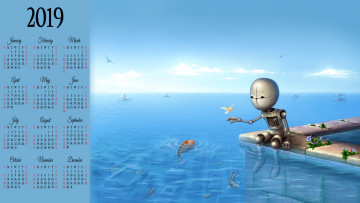 Картинка календари фэнтези робот птица рыба водоем