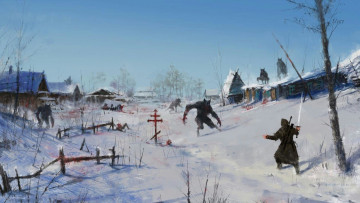 Картинка видео+игры the+witcher+3 +wild+hunt ведьмак кровь оборотни снег зима деревня