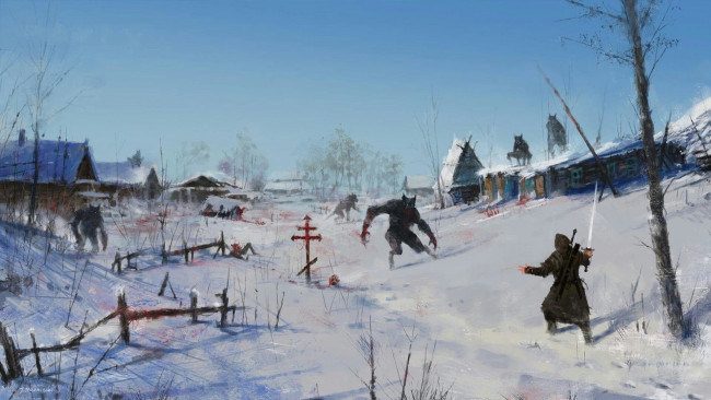 Обои картинки фото видео игры, the witcher 3,  wild hunt, ведьмак, кровь, оборотни, снег, зима, деревня
