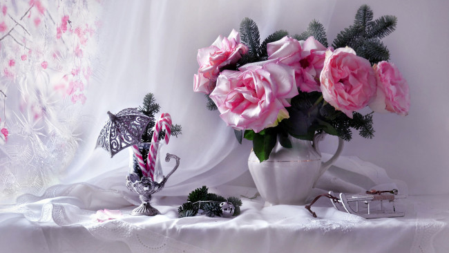 Обои картинки фото праздничные, - разное , новый год, букет, розовые, розы