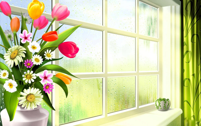 Обои картинки фото рисованное, цветы, букет, ваза, окно, подоконник
