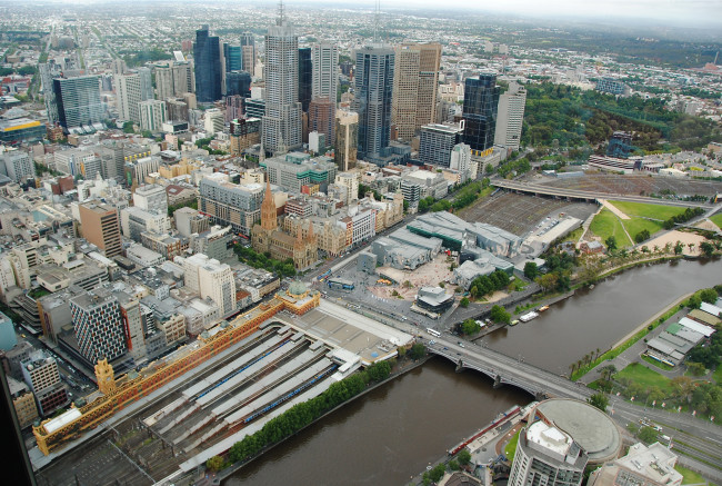 Обои картинки фото melbourne, australia, города, панорамы, мост, река, здания