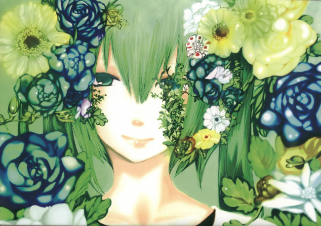 Обои картинки фото аниме, vocaloid, девушка, цветы, вокалоид