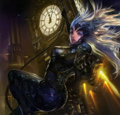 Картинка видео+игры galaxy+saga висит арт верёвка девушка выстрелы гильзы броня здания часы биг-бен оружие волосы