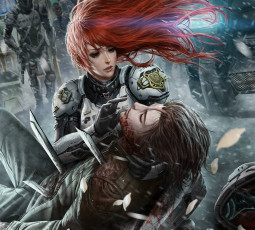 Картинка видео+игры galaxy+saga осколки штыри шатен искры солдаты красные волосы кровь девушка парень