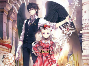 Картинка аниме -angels+&+demons парень крылья девушка корона бинт статуя кости